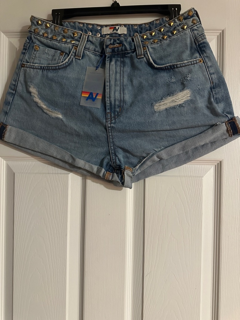 Aviator Nation Light Blue Distressed Stud Waist Denim Shorts